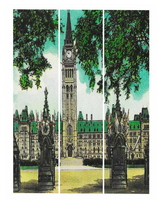 Triptych bookmark with a painting of Parliament going across the three pieces.