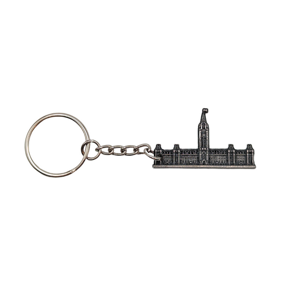 Pewter Canadian parliament building attached to a small chain and a key ring