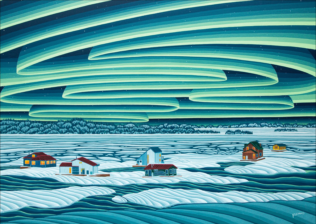 Picture on puzzle box of a landscape with the northern lights in the sky over a snowy landscape with small houseboats.