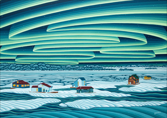 Picture on puzzle box of a landscape with the northern lights in the sky over a snowy landscape with small houseboats.