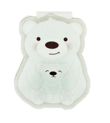 Polar bear paper bookmark with magnets inside. There a big polar bear and a smaller baby polar bear in the middle. Baby polar bear is smiling with eyes closed and the big polar bear is smiling and has pink cheeks. Both polar bears are white.