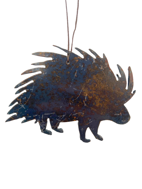 A realistic porcupine, cut from sheet steel and oxidised to a tasteful and unique rust pattern.