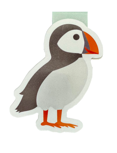 Puffin paper bookmark with magnets inside. Puffin is facing the side and is black with a white stomach and face. Beak and feet are orange and there is one black dot for an eye.