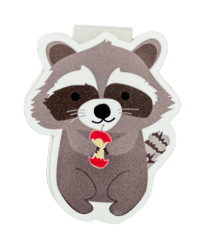 Raccoon paper bookmark with magnets inside. Raccoon is  grey with lighter grey around the face, and white and black around the eyes. Raccoon is holding an eaten apple and is happy.