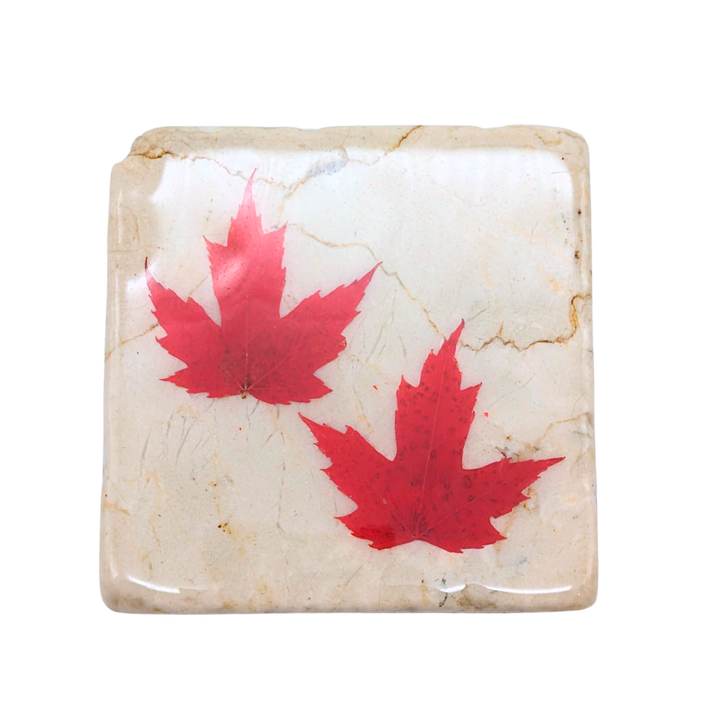 A white stone square coaster. There are two small red maple leafs in the middle of the coaster, and there is a shiny coat around it.