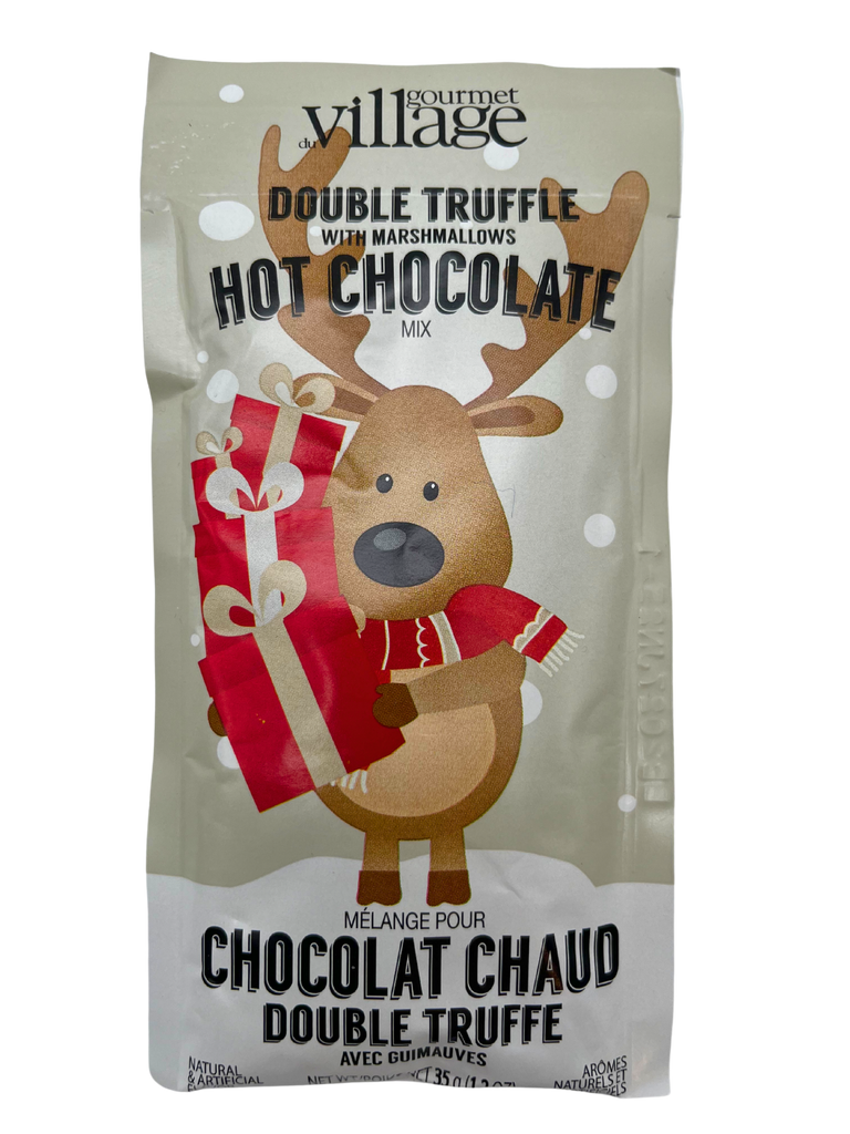 Beige packet of double truffle hot chocolate with marshmallows featuring a reindeer holding gifts.