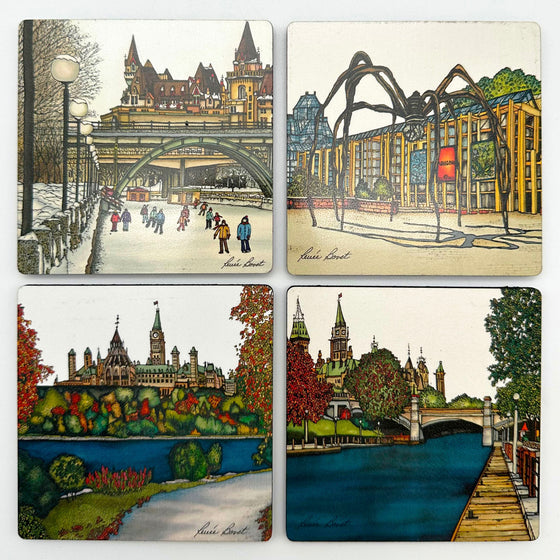 This set of coasters features four unique prints of Downtown Ottawa. One shows the Parliament building as seen from the Rideau Canal. One shows the famous Maman sculpture outside of the National Gallery of Canada. One shows Parliament building from across the Ottawa River. One shows the Laurier Bridge in winter, with skaters on the frozen canal. The coasters are richly coloured. The artist’s signature is at the bottom of each coaster.