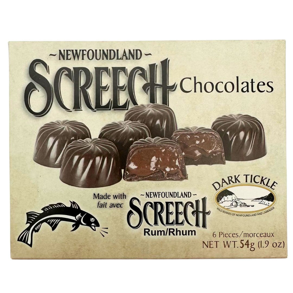 White box with large black text that says "screech." Images of the screech rum filled chocolate is in the middle of the box. Image of a cod fish in black and white in the bottom left corner.