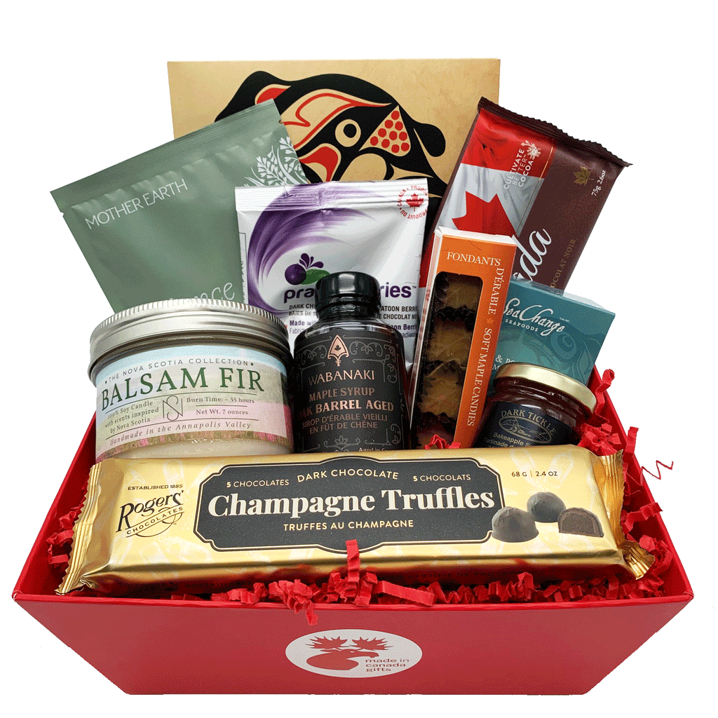 This flavorful basket features goodies from across Canada: smoked salmon, dark chocolate, lobster pate, herbal tea, chocolate-covered Saskatoon berries, delicious soft maple candies, barrel-aged maple syrup, soy candle, Newfoundland wild berry jam, and champagne truffles.