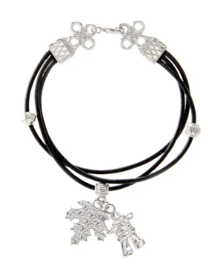 Black Leather Bracelet - Inukshuk & Maple Leaf Charms