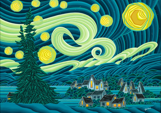 Puzzle box picture with stylized 'Starry Night' painting with trees, houses, and swirling clouds.