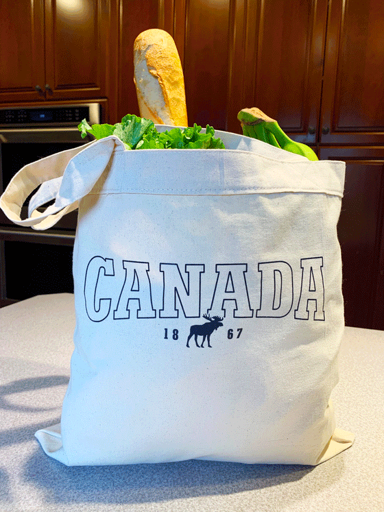 A beige canvas tote bag that says CANADA 1867, with a moose separating the numbers in 1867, in dark blue.