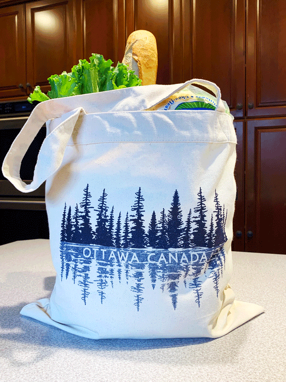 Pine trees reflected on a lake scene in dark blue with the words OTTAWA CANADA at the horizon line. Printed on a beige canvas tote.