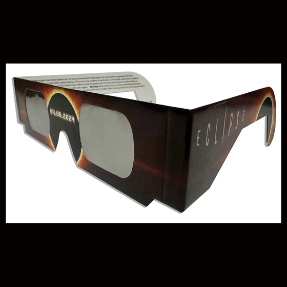 Glasses made for viewing the solar eclipse event. They are safe and ISO approved. The glasses are made of thin cardboard that fold on each side to hang onto your ears. The eye holes have a black lens that filter out the light. You can only see through them during the moment of the event. The illustration on the cardboard depicts a solar event with the date that reads 04.08.2024.