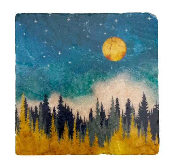 A gold moon hangs above a forest rendered in charcoal, green, and gold. Heavy brushstrokes in the starry night sky give the image an abstract, dreamy feel.