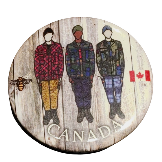 Canadian military tartan magnet, with Canadian flag, and three soldiers. 