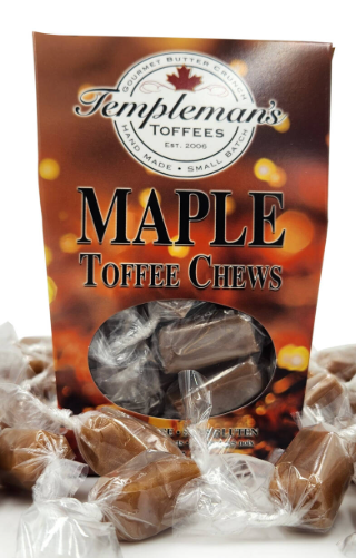 Maple toffee chews in rectangular packaging.