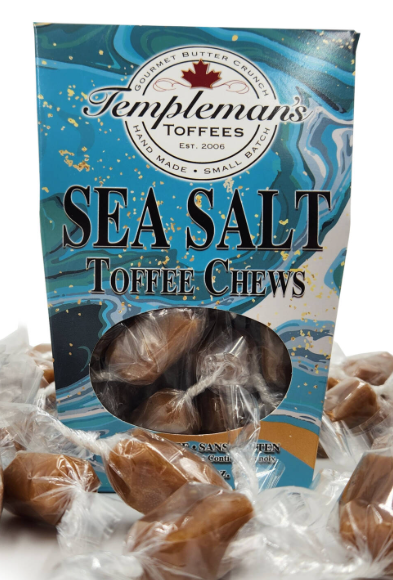 Sea salt toffee chews in rectangular packaging.