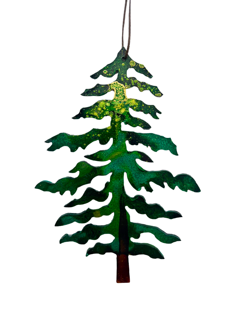 A pine tree in the style of Group of Seven abstract, cut from steel and handpainted with vivid green and gold.