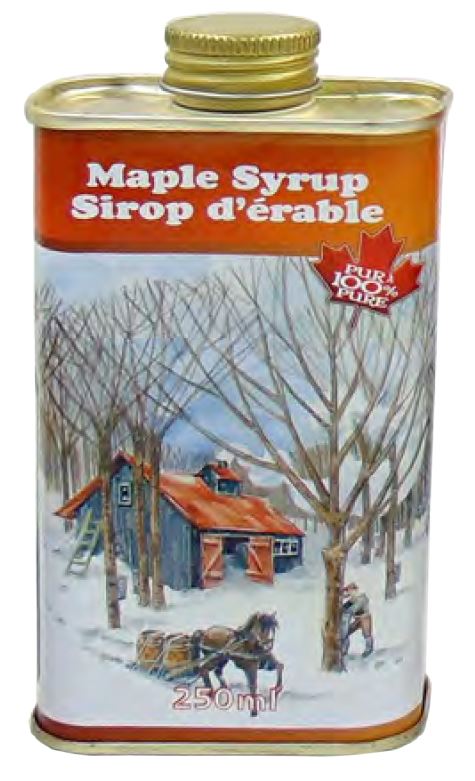 A flask-shaped tin with "Maple Syrup" and "Sirop d'erable" printed above a wraparound picture depicting a sugarbush with horsedrawn syrup barrels and a man extracting sap from a sugar maple in the foreground. The tin is opened via screwtop. This product contains 250 ml of maple syrup.