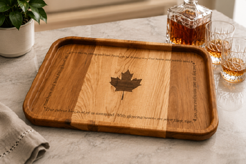 Canadian flag maple and cherry wood serving board with engraved maple leaf and True North Strong and Free, made in Ontario, Canada.