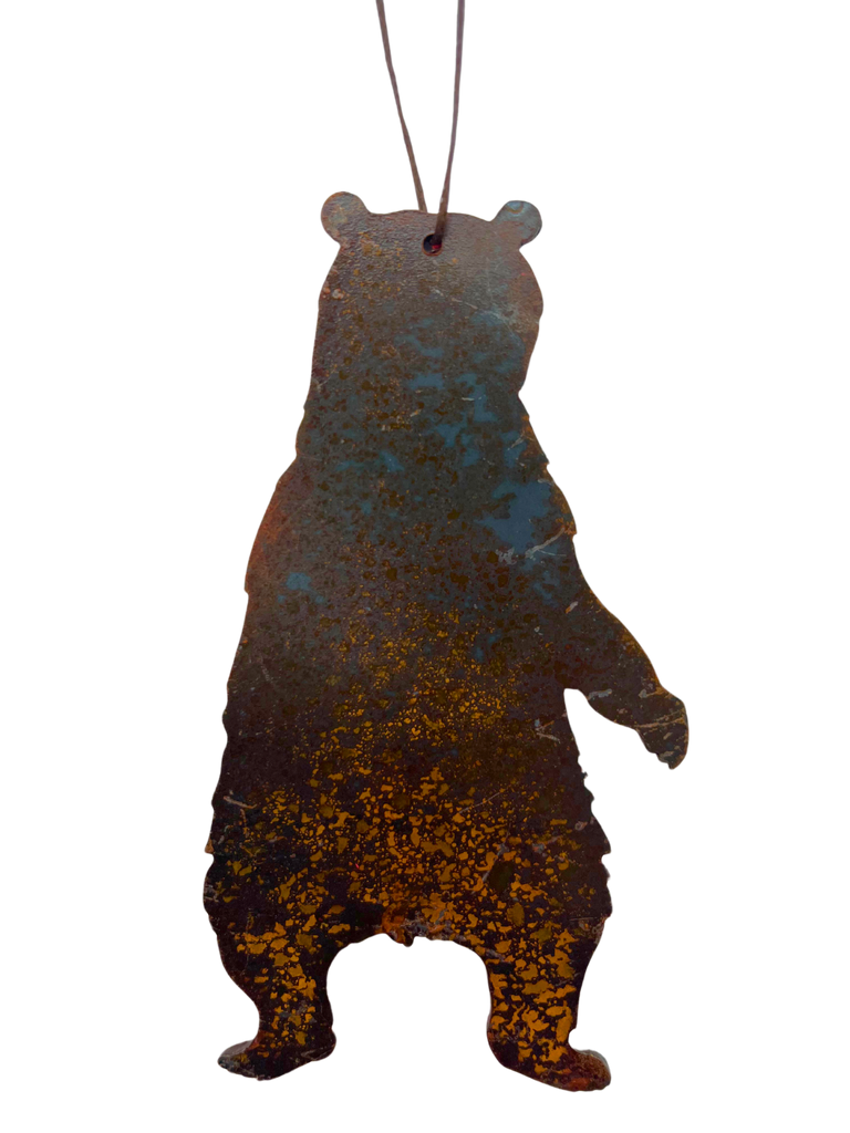 A bear standing on its hind legs, cut from sheet steel and oxidised to a tasteful and unique rust pattern.