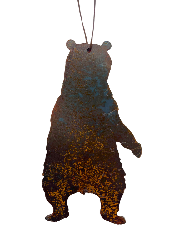 A bear standing on its hind legs, cut from sheet steel and oxidised to a tasteful and unique rust pattern.
