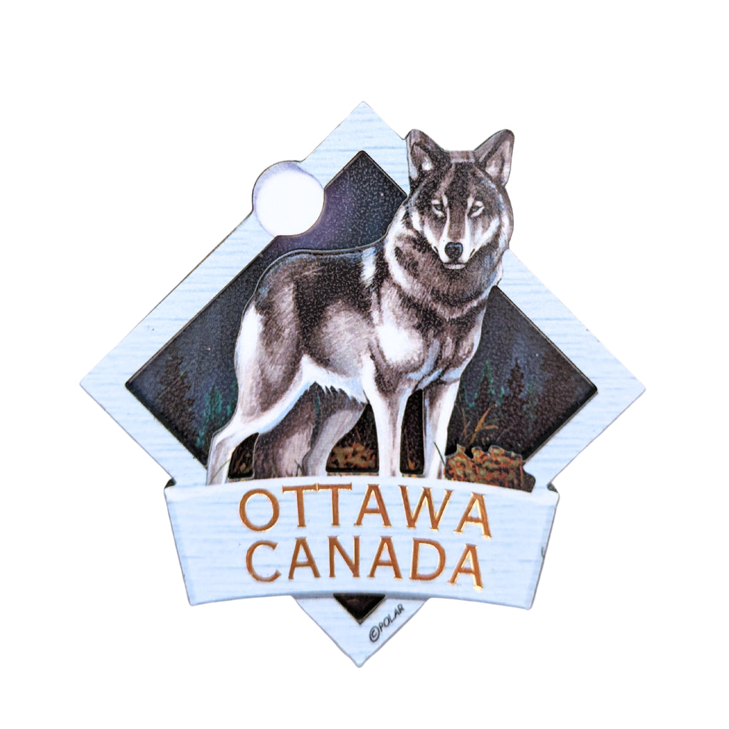 Stark white bordered diamond shaped wooden magnet. Vibrant Canadian wolf centered in a night covered forest. The moon embedded in the boarder above the wolf. "Ottawa, Canada" in gold written underneath.