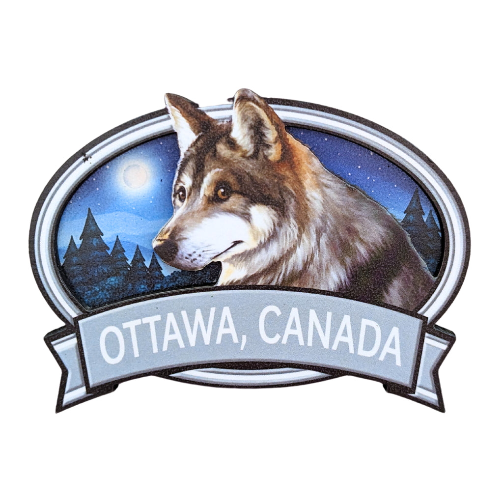 Stark white bordered oval shaped wooden magnet. Vibrant Canadian wolf centered in a night covered forest. The moon shining above the wolf. "Ottawa, Canada" in white written underneath.