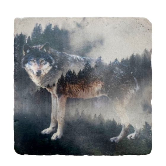 A beautifully handcrafted marble coaster featuring an image of the majestic Canadian timber wolf in all its splendor in a misty forest.