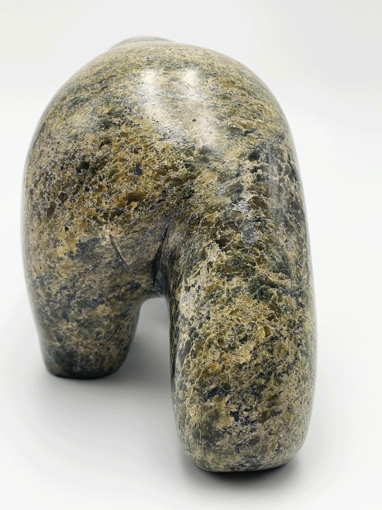 A walking bear stares ponderously at something on the ground ahead of it. This piece is carved from green and brown soapstone. The natural mottling of the stone complements the artist's smooth lines for an elegant and expressive piece. This bear faces away.