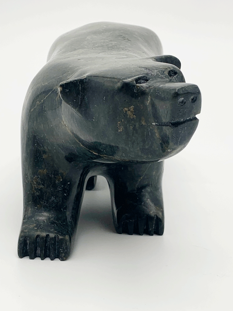 A smiling walking bear carved from very dark green soapstone stands on all fours. Its head is cocked playfully to one side. This bear faces the viewer.