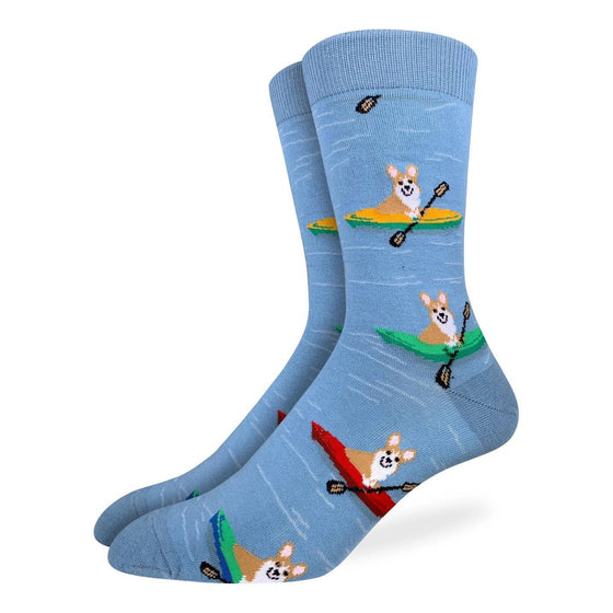 Calling all corgi lovers! These socks' design features corgis in kayaks, on the water. These socks are light blue with water ripples. How can you resist petting a cute kayaking corgi? This sock print is perfect for the dog-loving outdoor enthusiast. These socks are sure to complement your next dog-park adventure outfit.