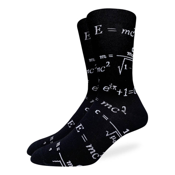 Don't let your maths teacher catch you wearing these socks during a test! These black socks feature several mathematics equations in white as though written on a chalkboard. Great for any Brainiac!  85% Cotton, 10% Polyester, 5% Spandex