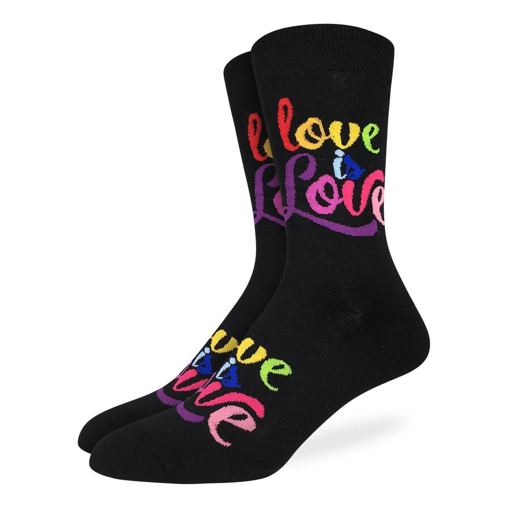 Show your pride and support with these progressive socks, they are black with rainbow coloured "Love is love" script on both the top of the foot and the leg. Great for spreading love and positivity everywhere you go!