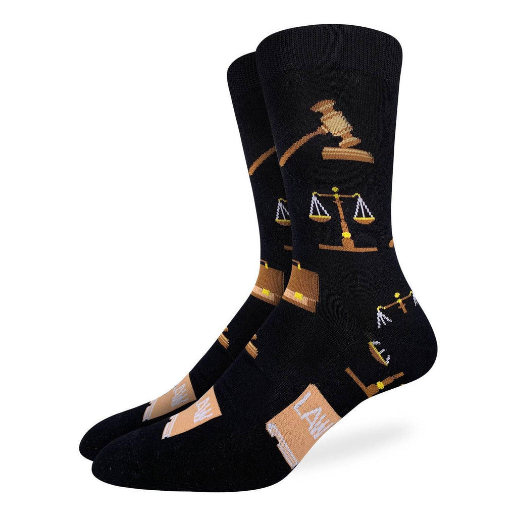 These black socks are sure to serve up some justice... Adorned with courtroom icons such as the scales of justice, a briefcase, law books and the judge's gavel.  85% Cotton, 10% Polyester, 5% Spandex