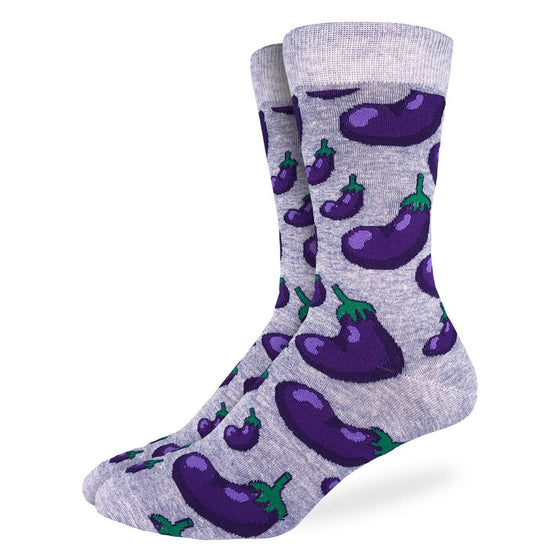 These fun socks feature small and large eggplants on a grey background. Spandex added to the 85% cotton blend gives the socks the perfect amount of stretch to hug your feet.