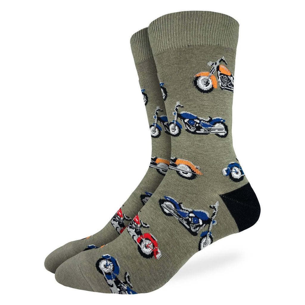 These fun socks feature blue, orange, and red chopper motorcycles on an army green background with a black heel. Spandex added to the 85% cotton blend gives the socks the perfect amount of stretch to hug your feet.