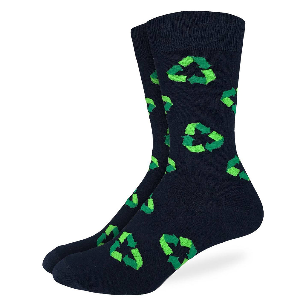 These fun socks feature green recycle arrows on a black background. Spandex added to the 85% cotton blend gives the socks the perfect amount of stretch to hug your feet.