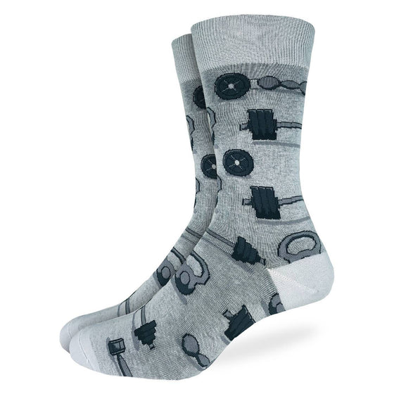These fun socks feature dumbbells, kettlebells, and weight plates on bars, on a grey background with a lighter grey toe, heel, and rim. Spandex added to the 85% cotton blend gives the socks the perfect amount of stretch to hug your feet.