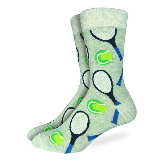 These fun socks feature tennis balls and racquets on a light green background. Spandex added to the 85% cotton blend gives the socks the perfect amount of stretch to hug your feet.