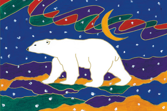 A polar bear walks right to left across the picture. The landscape is made of abstract mounds of dark blue, green, and yellow. A crescent moon and a wavy aurora hang in the night sky. The picture is full of white spots, suggesting it is snowing. This Canadian Indigenous print was painted by Dawn Oman, a Dene artist from Yellowknife, North West Territories.