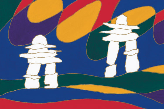 Two white Inukshuk stand in a colourful landscape. The sky is dark blue. The land is made of strips of green, red, yellow, and blue. An abstract aurora coloured red, yellow, green and purple hangs in the sky behind the Inukshuk. This Canadian Indigenous print was painted by Dawn Oman, a Dene artist from Yellowknife, North West Territories.