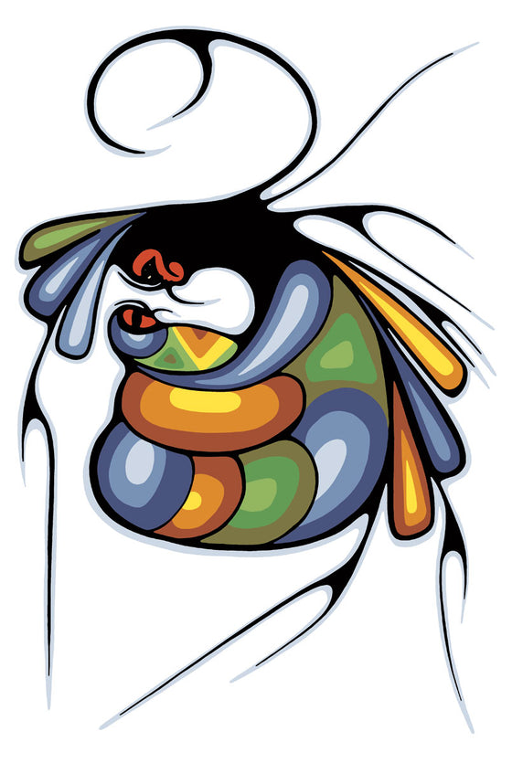 An abstract image of a mother holding and looking down upon her swaddled baby. The mother’s dress several orange, green, and blue concentric forms. Several long, slender black lines emerge from the mother’s clothes and hair, creating a sense of movement. This Canadian Indigenous print was created by Cecil Youngfox, an Ojibwa and Metis artist from Blind River, Ontario.