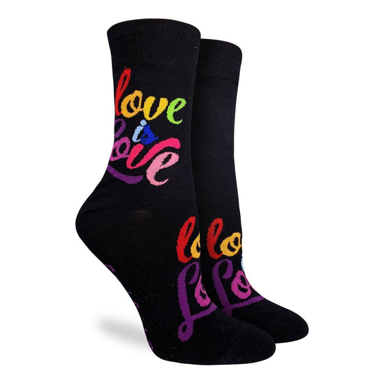 Show your pride and support with these progressive socks, they are black with rainbow coloured "Love is love" script on both the top of the foot and the leg. Great for spreading love and positivity everywhere you go!
