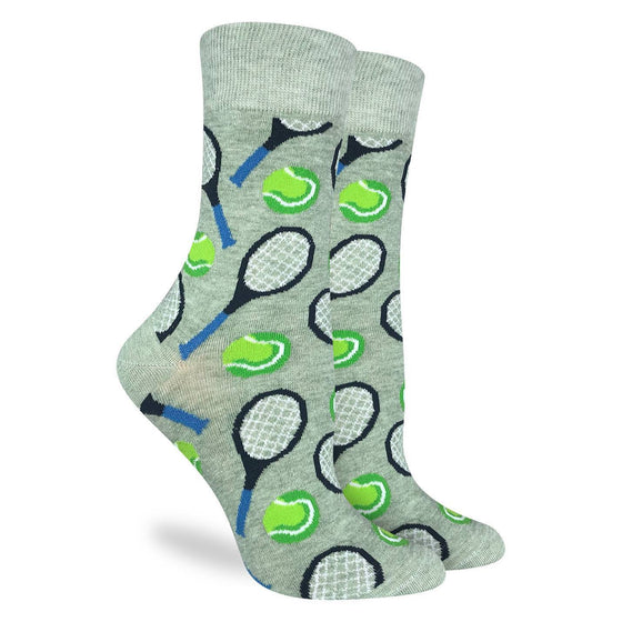 These fun socks feature tennis balls and racquets on a light green background. Spandex added to the 85% cotton blend gives the socks the perfect amount of stretch to hug your feet.