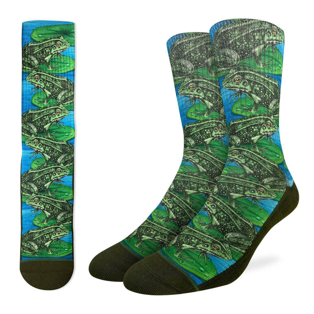 These socks have several frogs on Lilly pads. For the days when it's just the mood to chill out on the water. We could all take a page from a frog's book 48% Polyester, 45% Cotton, 5% Elastic, 2% Spandex