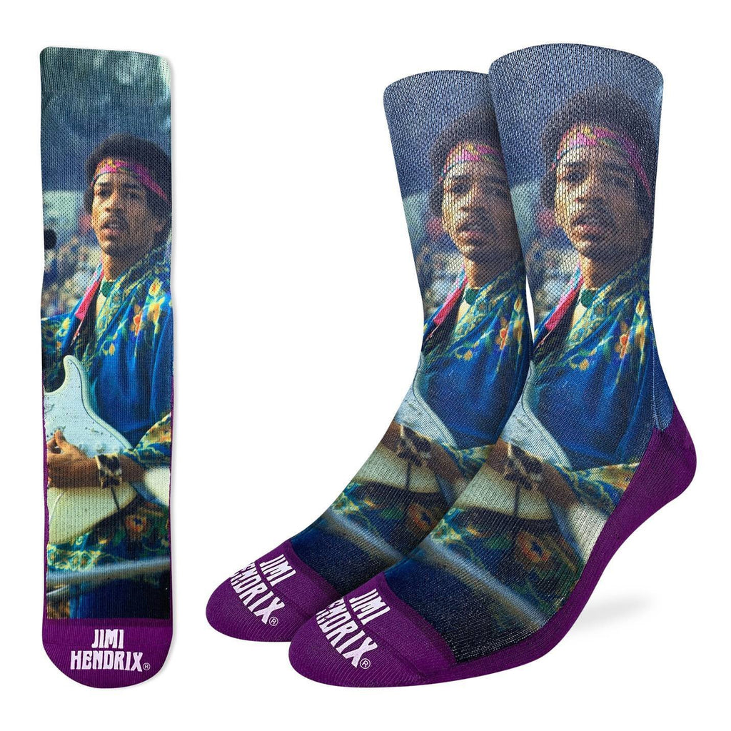 Jimi Hendrix is Widely considered to be the best guitar player in history. Whether you're shredding a sick Stratocaster or strumming a soulful Taylor, these socks are sure to help you channel your inner guitar hero. 48% Polyester, 45% Cotton, 5% Elastic, 2% Spandex