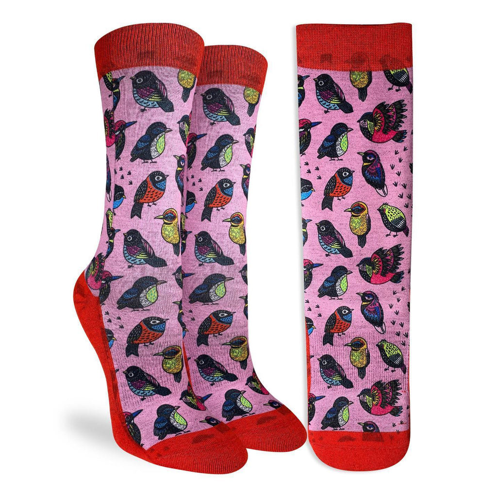 These cute socks will decorate your feet with several cute and colorful tropical birds in a neo-traditional art style. The sock background is a soft pink while the cuff and heel through to the toe is a vibrant scarlet. 48% Polyester, 45% Cotton, 5% Elastic, 2% Spandex