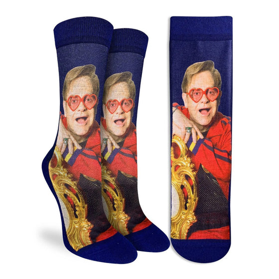These Blue active fit socks feature the boisterous Sir Elton John clad in a red Gucci tracksuit and red heart framed glasses. 48% Polyester, 45% Cotton, 5% Elastic, 2% Spandex